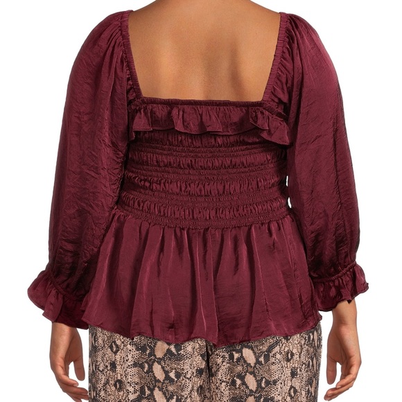 Burgundy satin ruffled shirred babydoll top - Picture 2 of 2